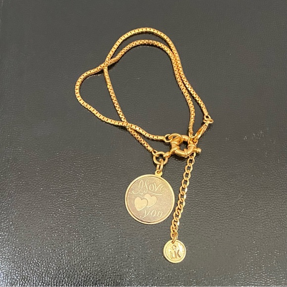 LK Gold-tone Double Chain “I Love You” Round name Plate Bracelet - Picture 13 of 15